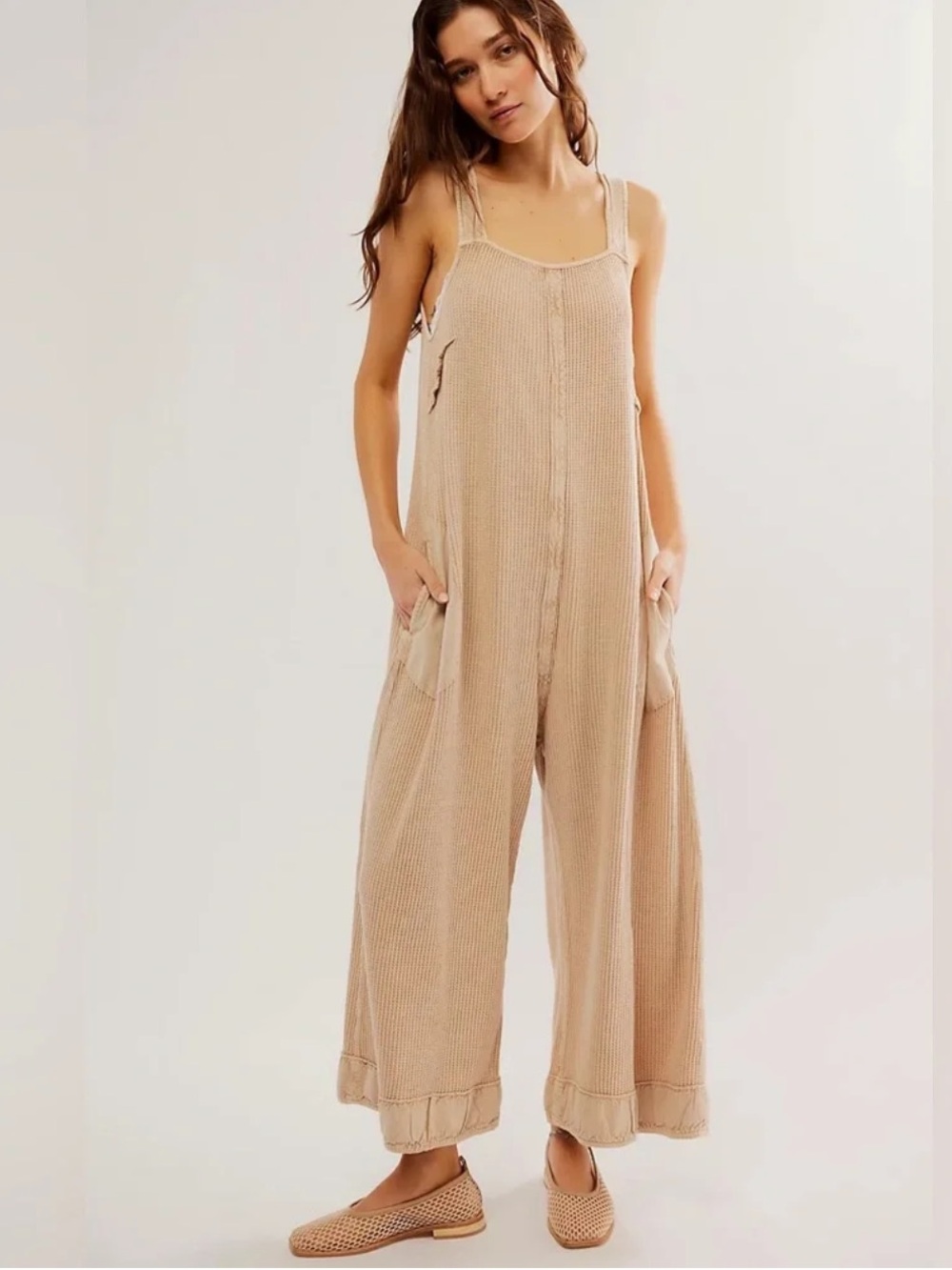 Free People One Call One Piece Waffle Knit Open Back Jumpsuit Large Oatmeal Boho